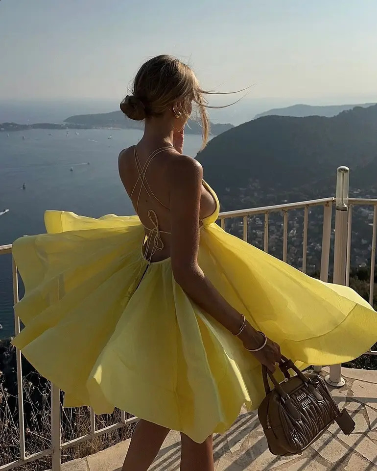 Sexy Backless Lace-up Loose Pleated Hem Mini Dress Women Sleeveless High Waist A-line Dresses 2025 Yellow Vocation Partywear 250305
