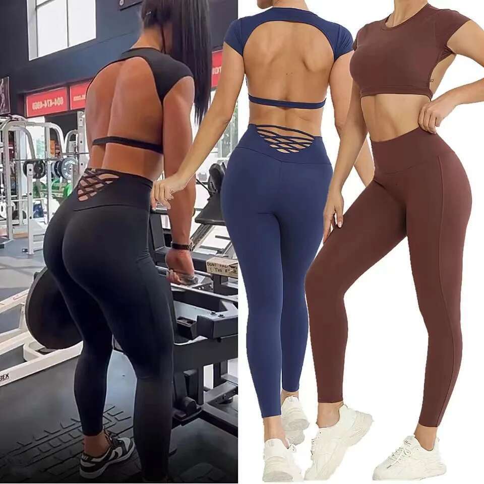 Nylon Yoga Leggings Back Waist Cross Hollow Squat Proof Pants High Elasticity Breathable Gym Workout Fiess Active KLMY