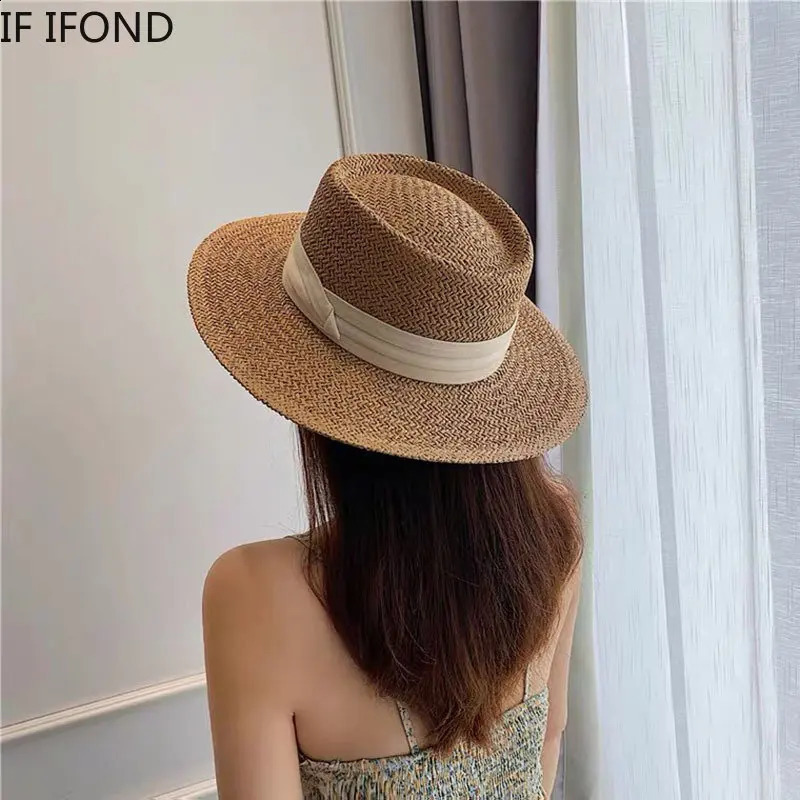 Spring Summer Breathable Straw Hats For Women Fashion Casual Fedora Hat Outdoor Concave Top Travel Hats Panama Beach Sun Hat 250303