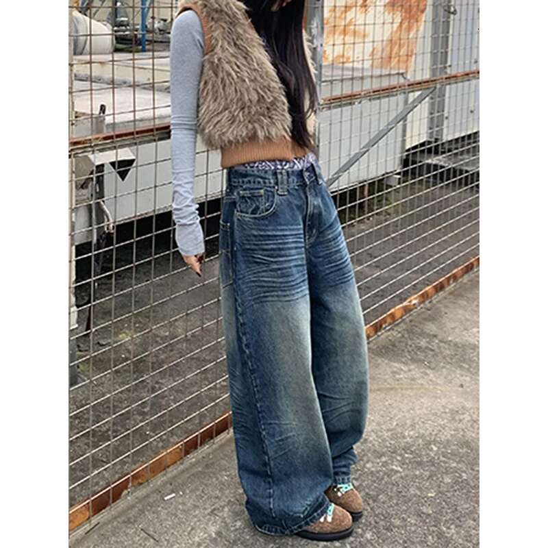 Y2k Style Blue Women Jeans 2024 Vintage Fashion High Waisted Streetwear Wide Leg Jean Female Trouser Hip Hop Baggy Denim Pants
