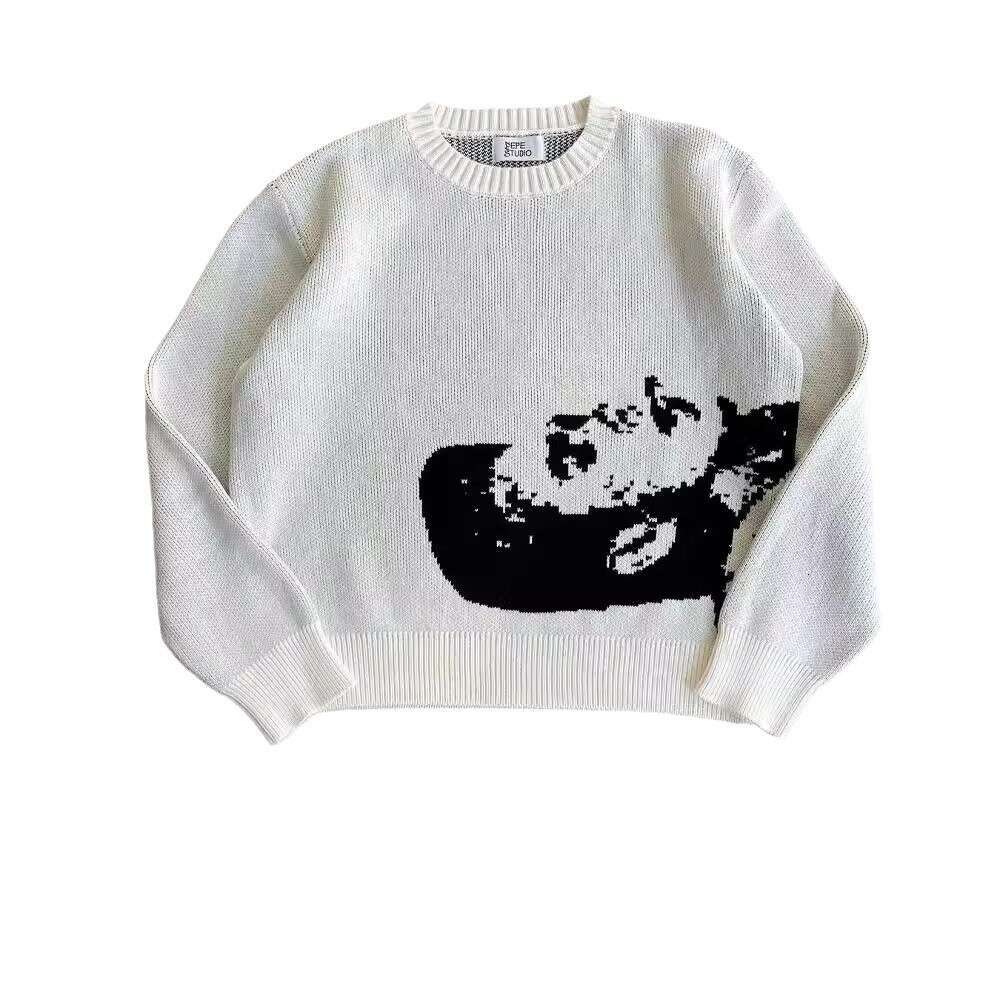 Ins knitted anime jacquard pattern round neck long sleeved high street loose sweater dark style