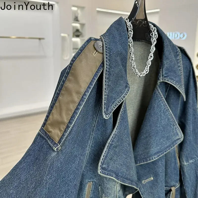 Streetwear denim womens jacket Ropa Mujer patch work leather PU casual Y2k top Harajuku fashion retro 250306