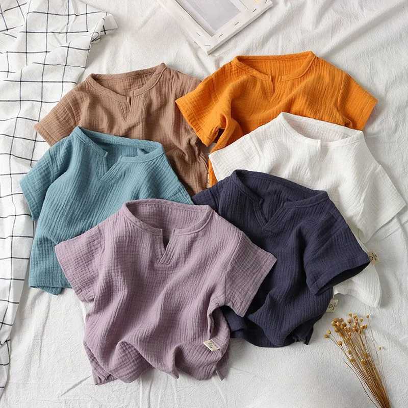0-8Yrs 100%Cotton Childrens T-shirt for Boy and Girls Muslin Tops Shirts 2025 V Neck Short Sleeve Boys Tees Kids Girls ClothesT250306