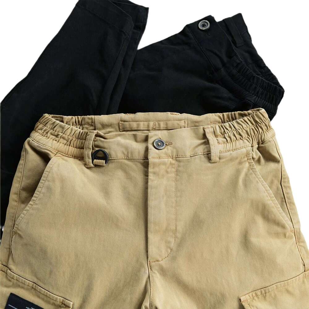 Hot selg European and American men's fashionable multi pocket solid color retro straight tube slim fit elastic waist button work pants 2025 new c
