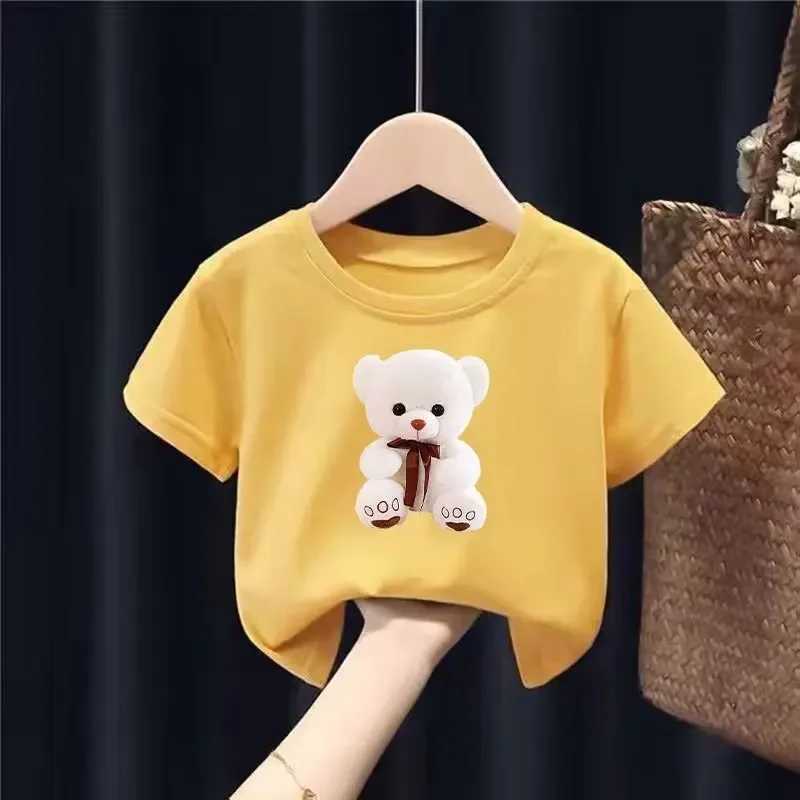 Cartoon Little White Bear Printed Round Neck T-shirt Short Sleeve Casual Boys and Girls New Trend Childrens Clothing TopT250306