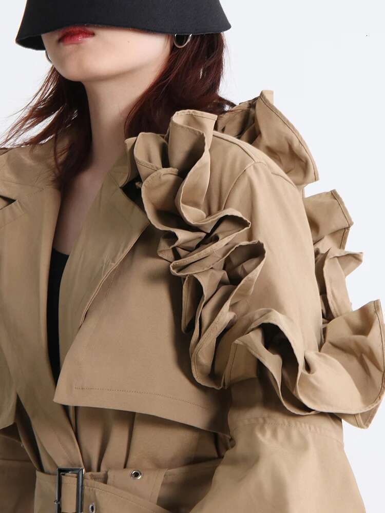 Plusizeshe Spring Autumn Long Elegant Chic Ruffled Khaki Trench Coat For Women Belt Single Breasted Designer Clothes 2024