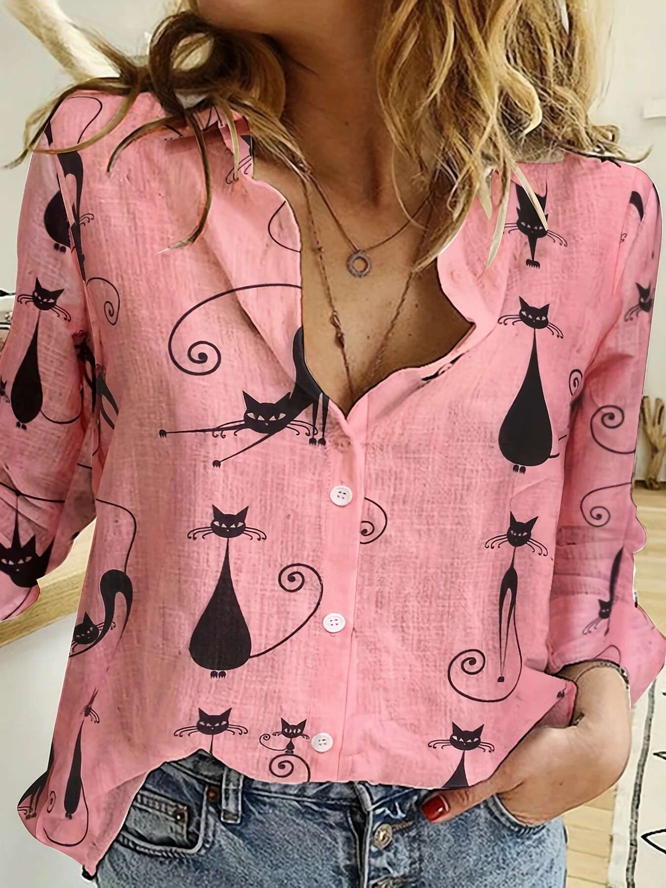Women's Fashion Clashing Color Patchwork Top Temperament Sense Long Sleeve Cat 2023 Autumn Brand Design Shirt