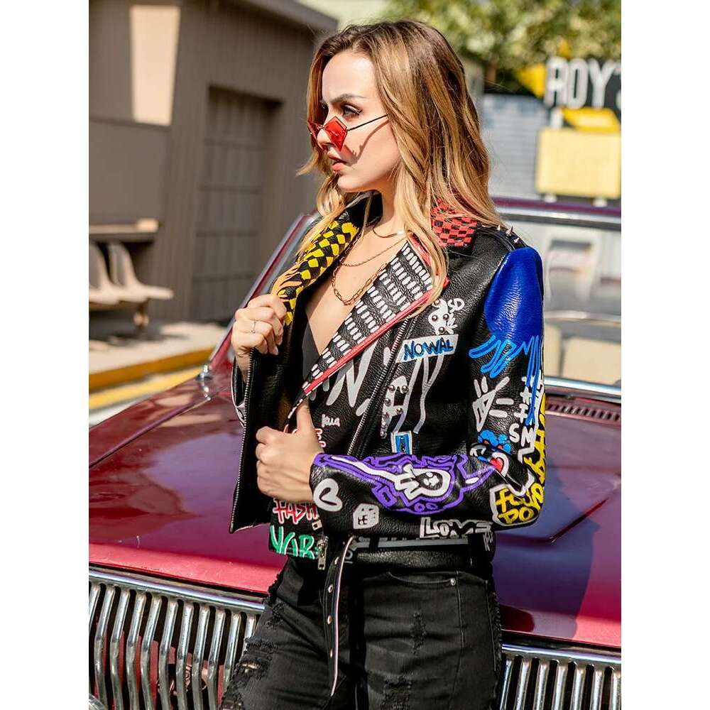 Rivet Beading Pu Leather Jacket Women Graffiti Colorful Print Biker Jackets And Coats PUNK Streetwear Jacket