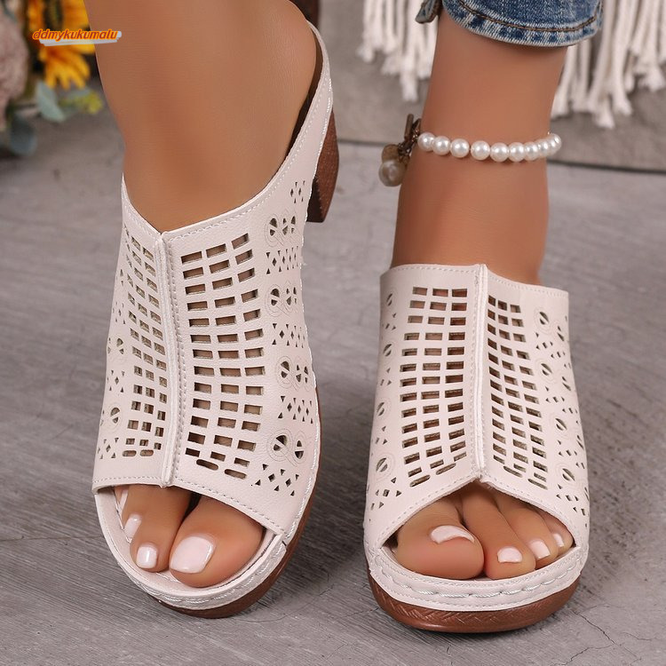 Printed Hollow Middle Heel Height Increasing Wind Fish Mouth Beach Sandals 2025 Summer New Shake Line Shoes #ddmykukumalu