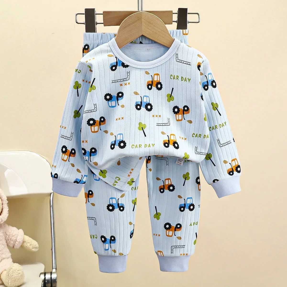 Childrens boys and girls pure cotton warm sleepwear cute cartoon long sleeved T-shirt+pants childrens baby autumn underwear set M250306