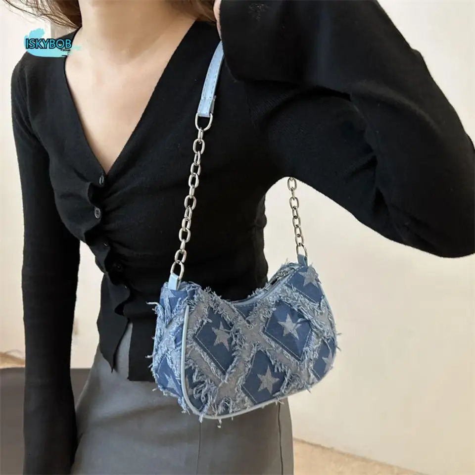Trendy Single Shoulder Bag Vintage Y2k Denim Underarm Bag Star Korean Womens Handbag Female 250306