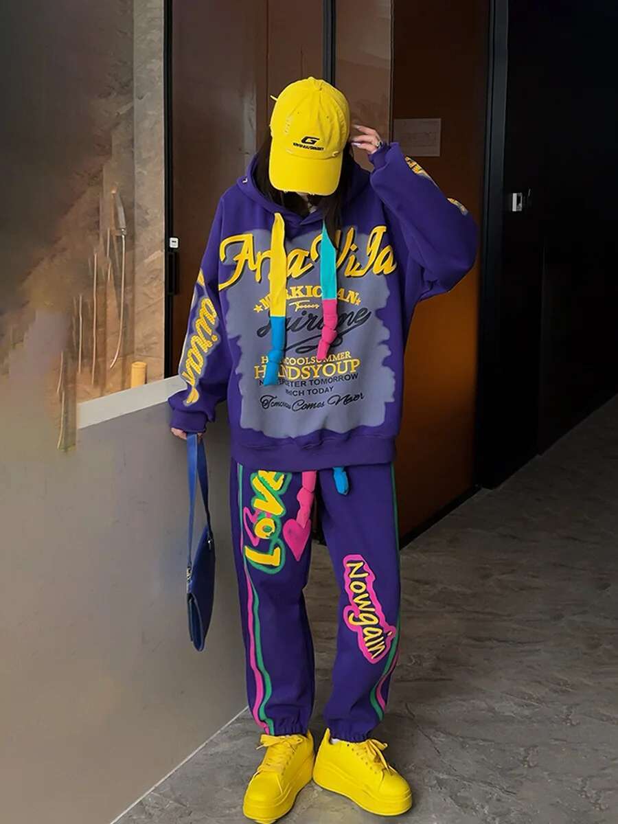 Spring Fashion Casual Sports Suit Graffiti Letters Hooded Sweatshirt Women Slim Loose Sweatpants Complete Set