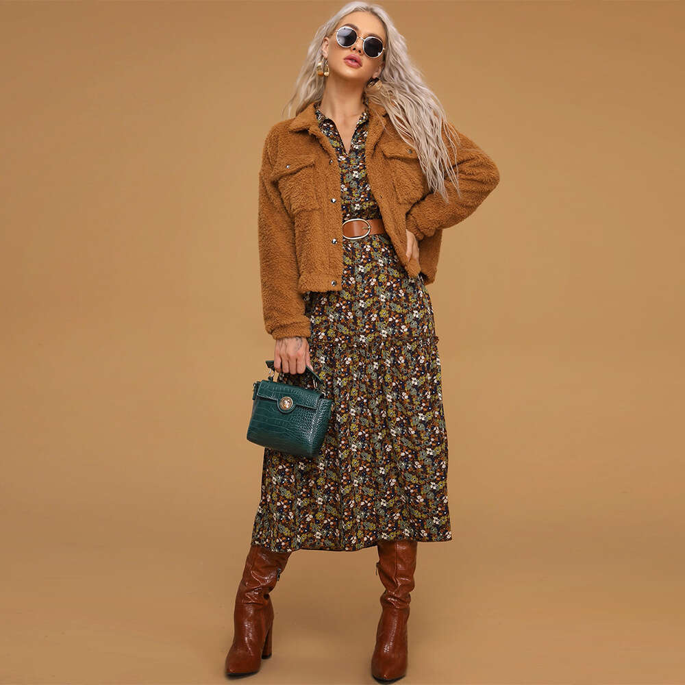 Spring/Summer Women's Street Single Breasted Flip Collar Elegance Commuting Long Sleeved Plush Jacket Coat KLMY