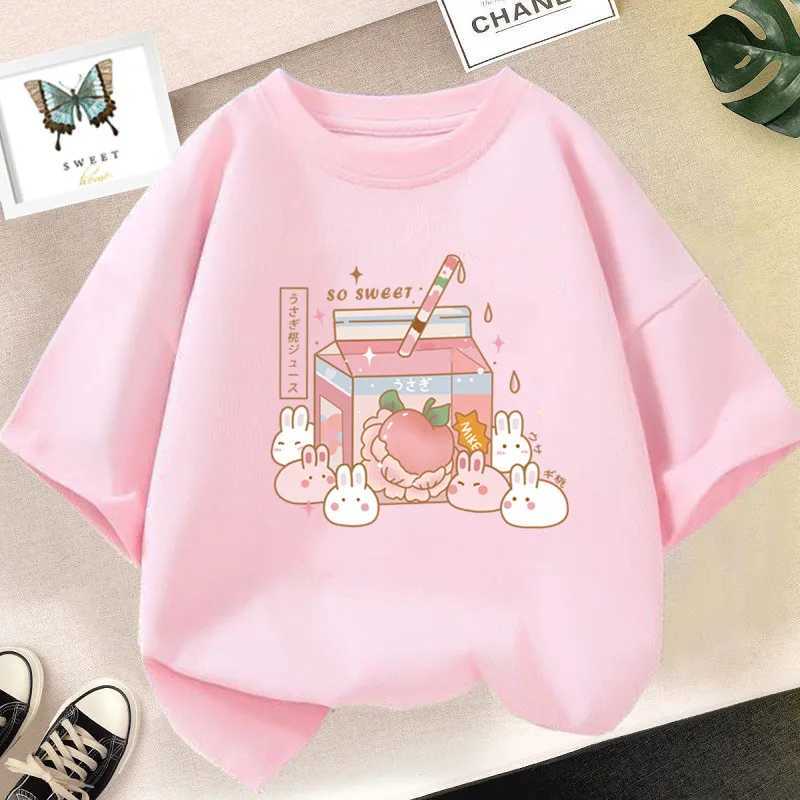 Girls Cute Strawberry Milk Shake Cartoon T-shirt Kids Short-Sleeve Graphic Pink Tops TeeT250306