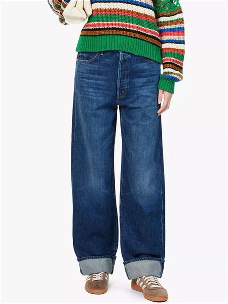 Women Dark Blue Jeans Elastic High Waisted Female Straight Wide Leg Denim Pants Versatile 2025 Spring New