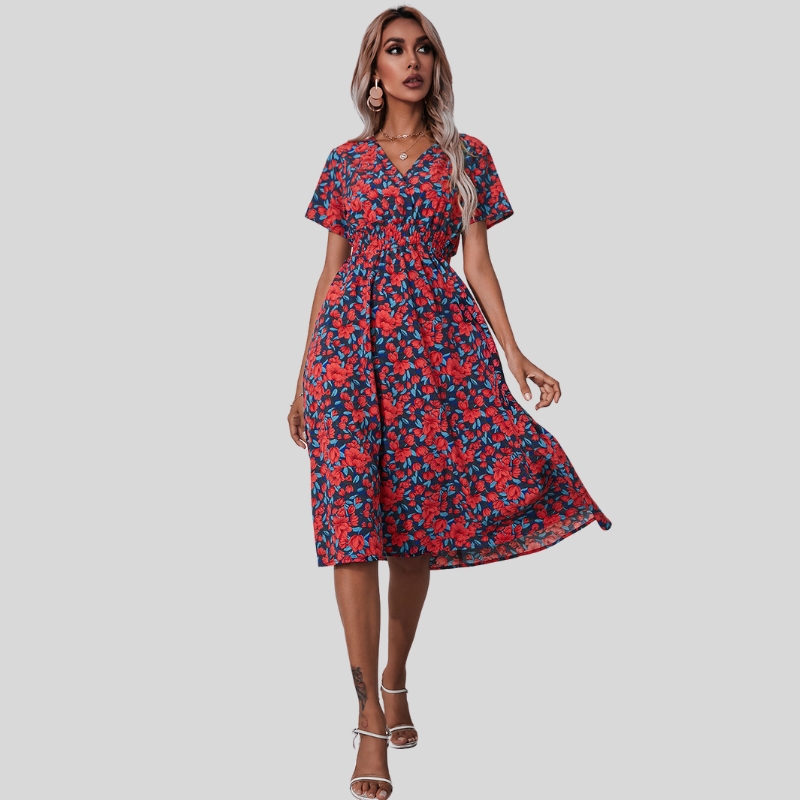 New arrival European and American stylewomen's summer small floral print short-sleeved dress
