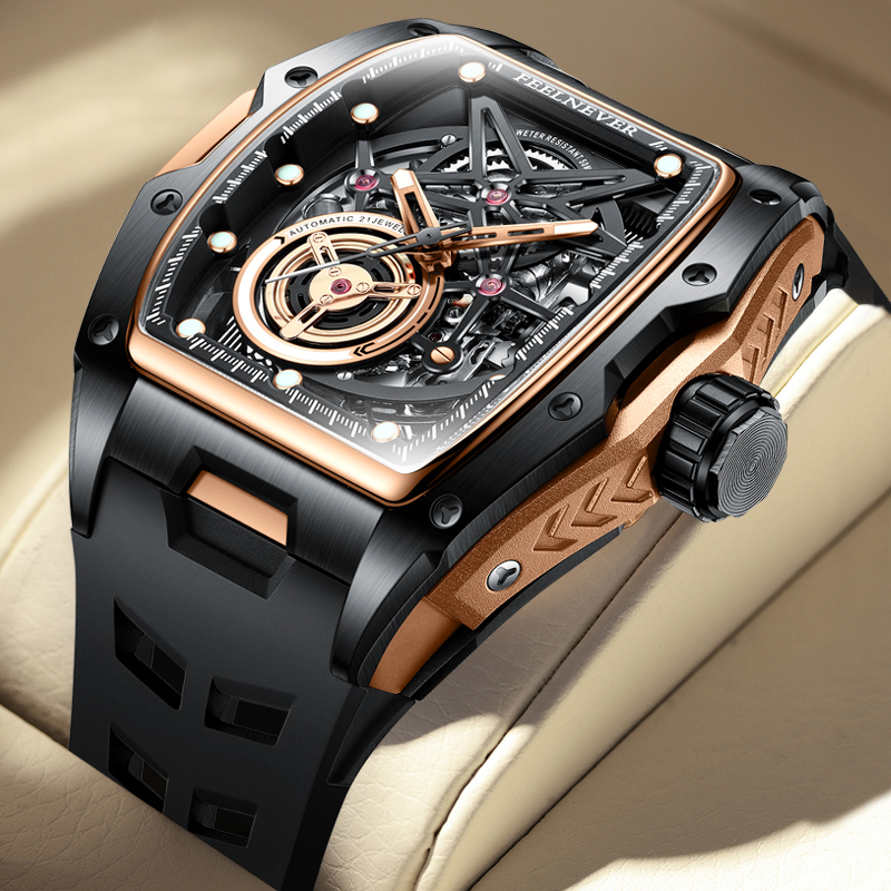 LIGE's new hollowed out wine barrel shaped mechanical watch with personalized large dial men's watch and high aesthetic value watch