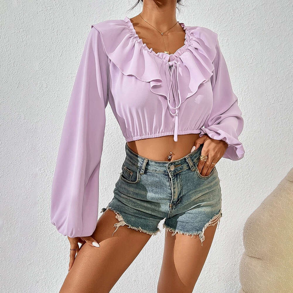 Spring/Summer Ultra Short Lotus Collar Bubble Open Belly Button Women's Pullover Long Sleeve Top KLMY
