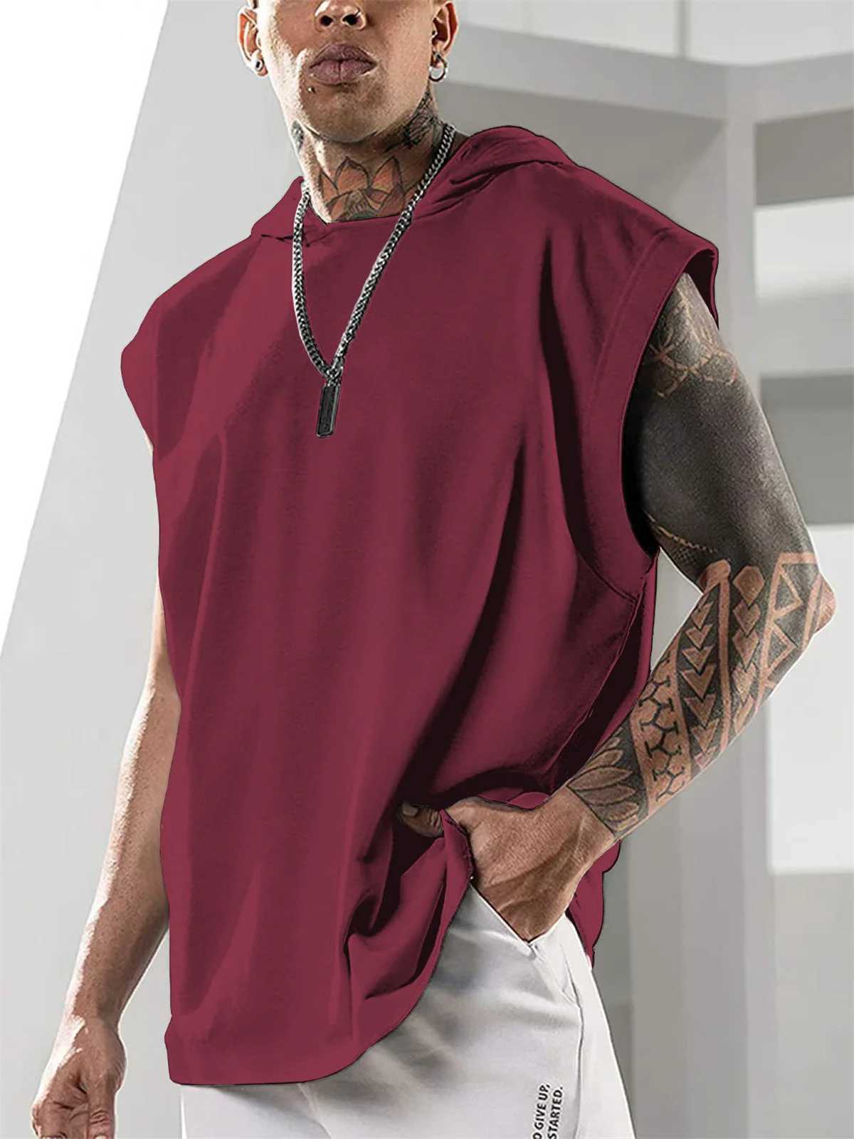 Mens Vest Fashion New Sports Hooded Loose Solid Color Summer Breathable Trend Casual Youth Sleeveless T-shirt TopsT250318