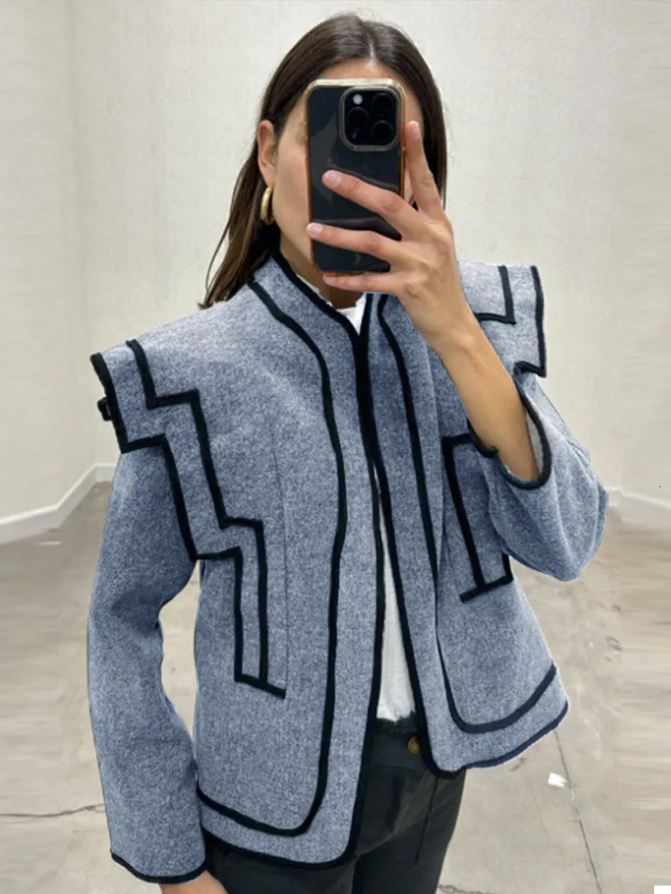 Elegant Grey Irregular Shoulder Womans Short Jacket Fashion Long Sleeve O Neck Coats Lady Spring High Street Outwear 250306