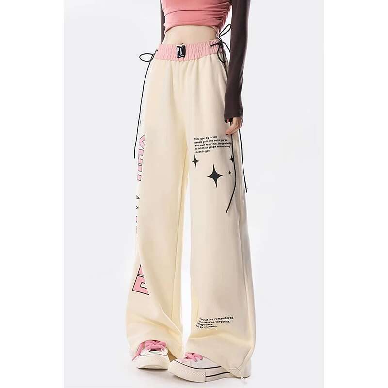 Women Apricot Sweatpants Baggy Y2k Streetwear Graphic Print Jogger Pants Vintage Haruku Wide Straight Trousers Clothes Spring
