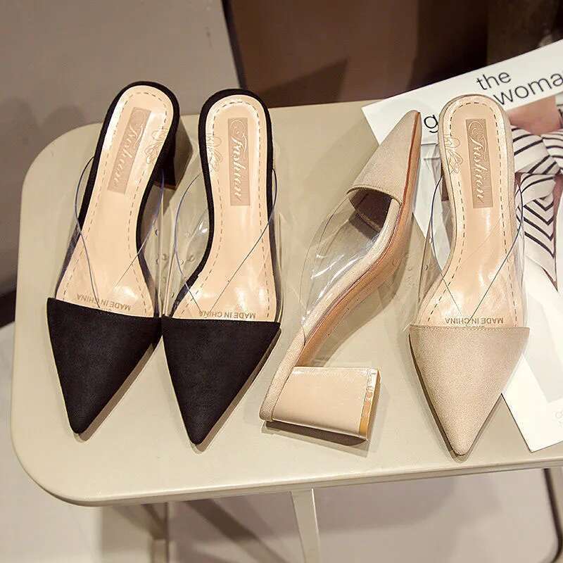 2025 Summer Slippers High Heel 7CM Solid PVC Shoes for Women Outside Wear Suede Slides atos Pointed Sandalias Mujer Verano