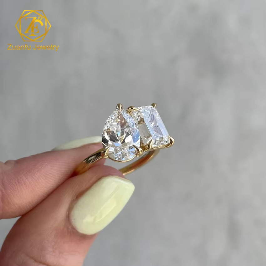 Yellow Gold 14K D+ Color FL Pear and Emerald Diamond Stone 2CT 3CT Toi Et Moi Double Setting Moissanite Wedding Ring for Women