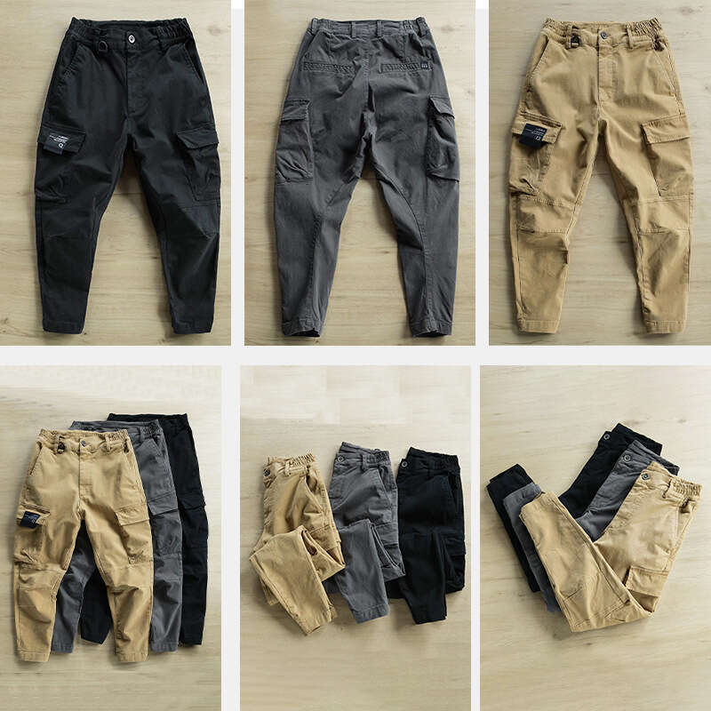 Hot selg European and American men's fashionable multi pocket solid color retro straight tube slim fit elastic waist button work pants 2025 new c