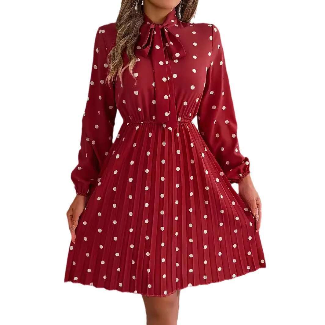 2025 Spring Summer Women's Polka Dot Lace-Up Waist Tuck Long-Sleeved Pleated Dress For Women Elegant Office Laides Dresses