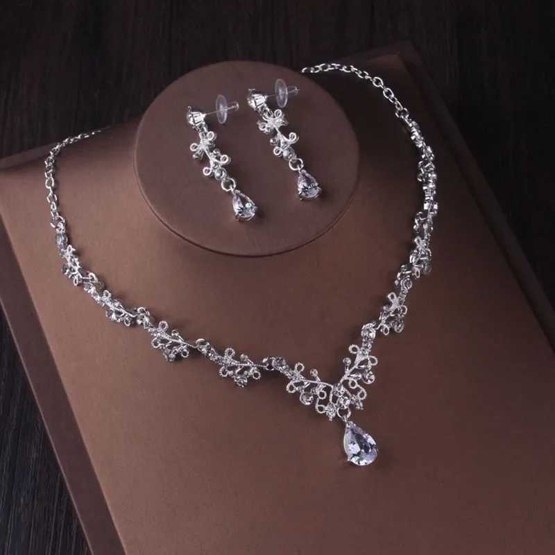 Luxury Silver Color Crystal Water Drop Bridal Jewelry Sets Rhinestone Tiaras Crown Necklace Earrings Wedding Dubai Jewelry Set X250306