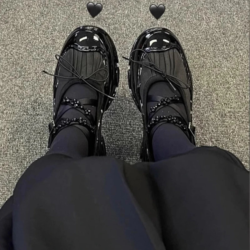 Women Pearls Buckle Mary Jane Shoes Thick Bottom Ballet Sneakers Round Toe Anti-slip Lightweight Loafers Zapatillas De Mujer 250305