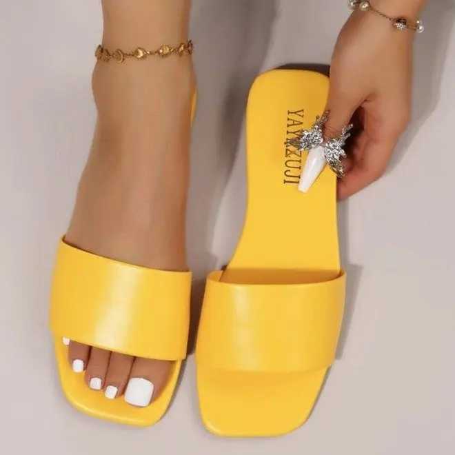 Wen Fi Sandals 2025 New Summer Flat Shoes Square Toe Slip- Girls Indoor Street Slippers Plus Size Beach Slides Y250306