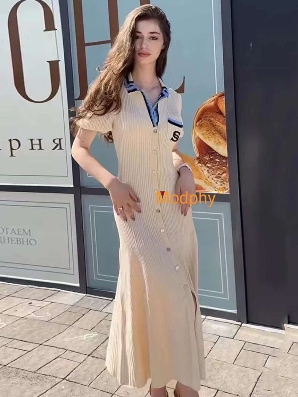 Modphy 2025 Elegant Slim Knitted Dress Women's Letter Single Breasted Long Sleeved Designer Vintage Dresses Autumn