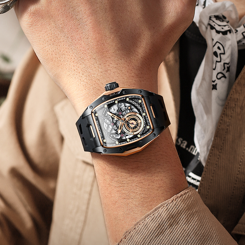 LIGE's new hollowed out wine barrel shaped mechanical watch with personalized large dial men's watch and high aesthetic value watch