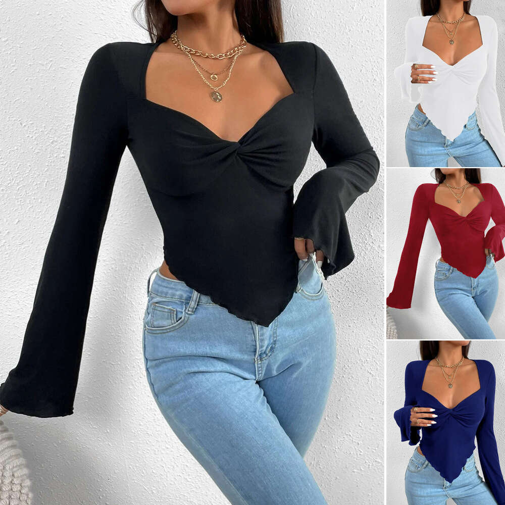 Women's Vacation V-Neck Flare Sleeve Waistband Irregular Knitted Long Sleeved T-Shirt Top KLMY