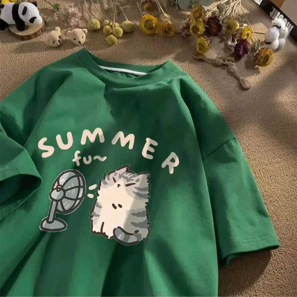 Summer Cat Print Funny Kids Woman Tees T-shirt Cotton Boys Girls Short Sleeve Korean Kpop Clothes Casual Oversized Free ShippingT250306
