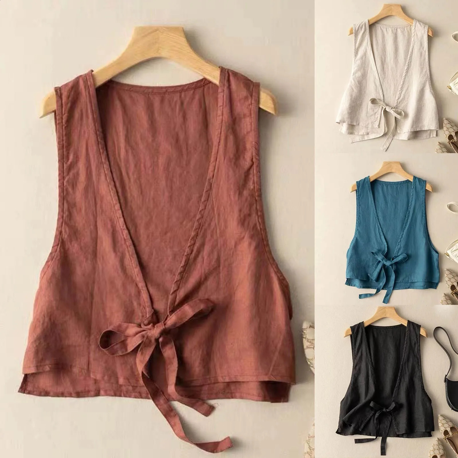 Womens Cotton Linen Vest Cardigan Casual Loose V Neck Sleeveless Jackets Summer Lace Up Solid Vests Waistcoat Ladies Elegant Tops 250227Z