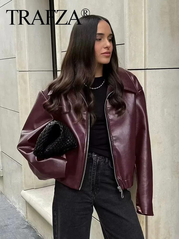 TRAFZA Women Fashion Bury Faux Leather Jackets Casual Lapel Long Sleeves Coat Zipper Autumn Female High Street Outerwear 250228
