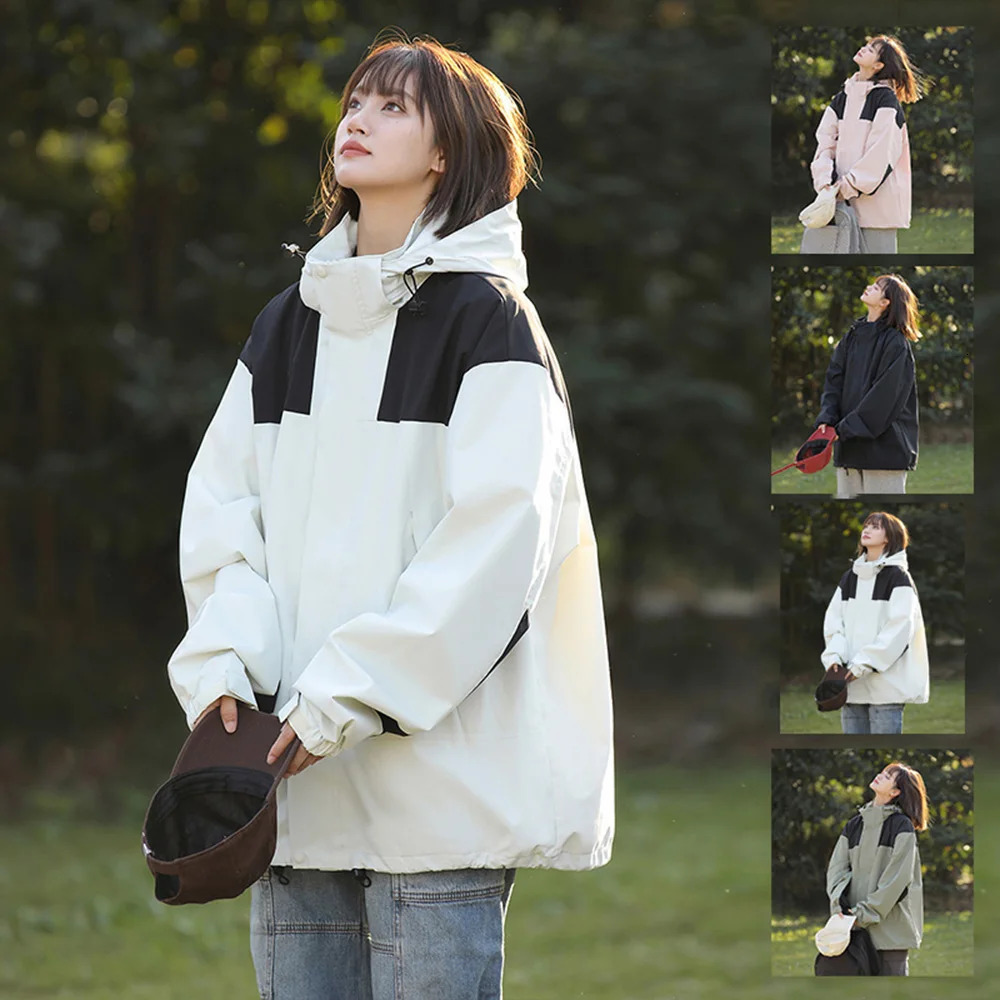 Womens autumn loose waterproof jacket casual fishing climbing hooded windproof outdoor camping unisex 250306