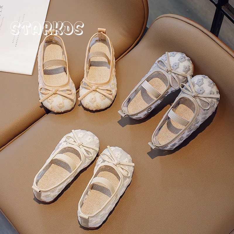 Floral Embroidery Lace Ballet Flats Baby Girls 2023 Summer New Breathable Mesh Ballerinas Kids Cute Wedding Party Dress ShoesT250306