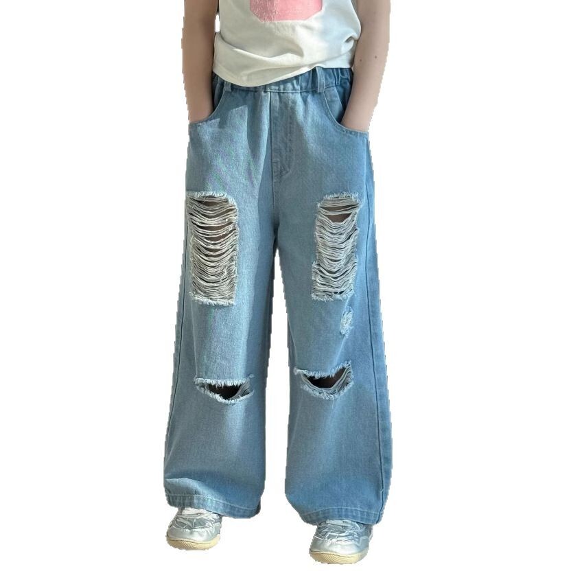 Ddmyshoesvip Children's 2025 summer new children's perforated jeans unisex trend style loose wide leg long pants