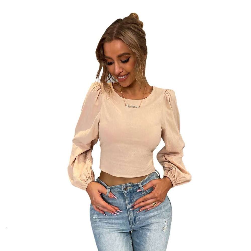 Women's Clothing Spring/Summer Sexy Backless Strap Long Sleeved Slim Fit Women's Shirt Solid Color Top KLMY