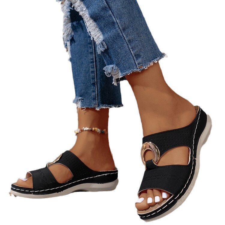 Large size Wind Fish Mouth Thick Bottom Slope Heel Slippers 2025 Summer One Word Strap Beach Women's Shoes #ddmykukumalu
