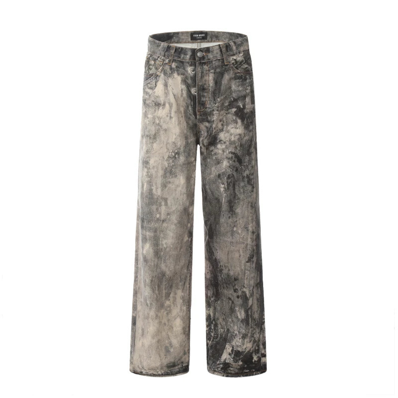 Mens Jeans Floor Length Pants Denim Camouflage Print Loose Casual Straight Trousers Pocket Splice Autumn Winter 250306wtt