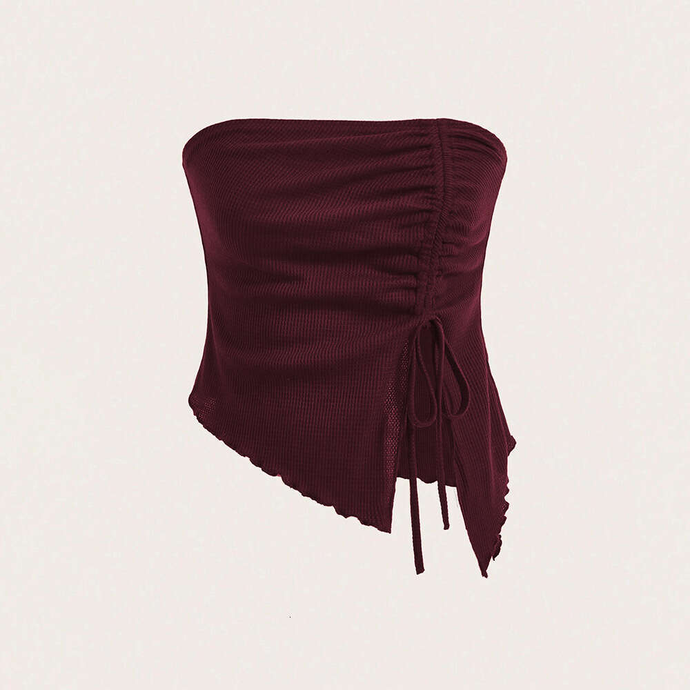 Women's Clothing 2025 Summer New Item Drawstring Slit Irregular Waffle Style Slim Fit Strapless Vest Top KLMY