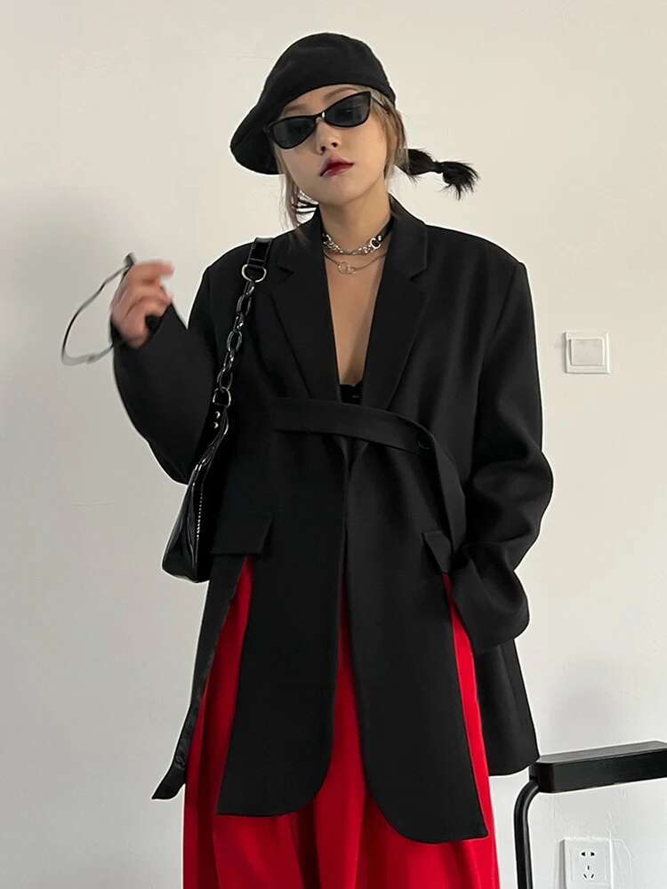 EAM Gary Bandage Slit Casual Blazer Women New Lapel Long Sleeve Loose Fit Jacket Fashion Tide Spring Autumn 2025 30A1760