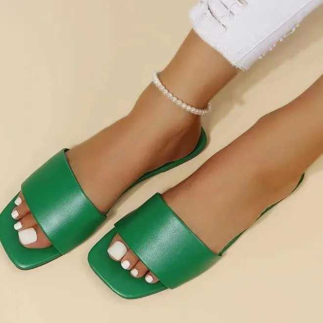 Wen Fi Sandals 2025 New Summer Flat Shoes Square Toe Slip- Girls Indoor Street Slippers Plus Size Beach Slides Y250306