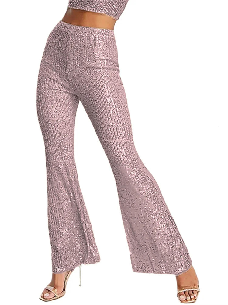 Women Sequin Pants Spring Autumn Flared High Waist Bodycon BellBottom Trousers 250306