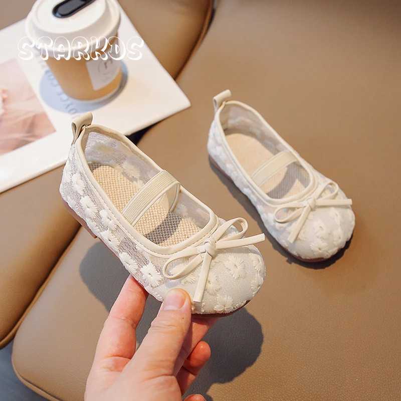 Floral Embroidery Lace Ballet Flats Baby Girls 2023 Summer New Breathable Mesh Ballerinas Kids Cute Wedding Party Dress ShoesT250306
