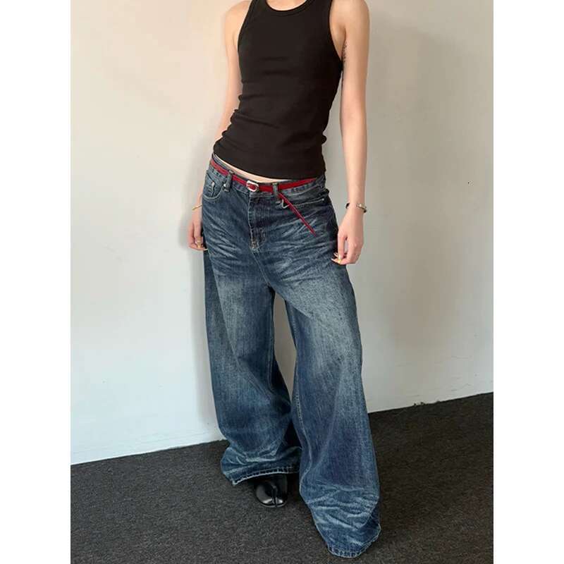 2025 Spring Vintage 2000S Loose Washed Do Old Wide Leg Pants Women's Haruku Casual Jeans Y2k Baggy Blue Denim Trouser